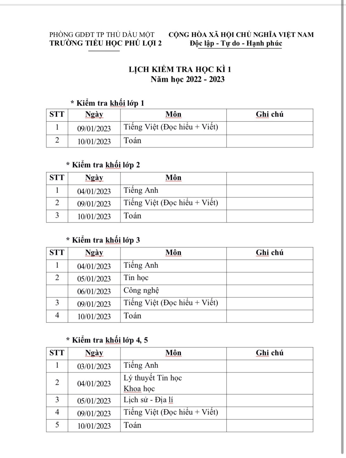 LỊCH KIỂM TRA HKI 2022-2023