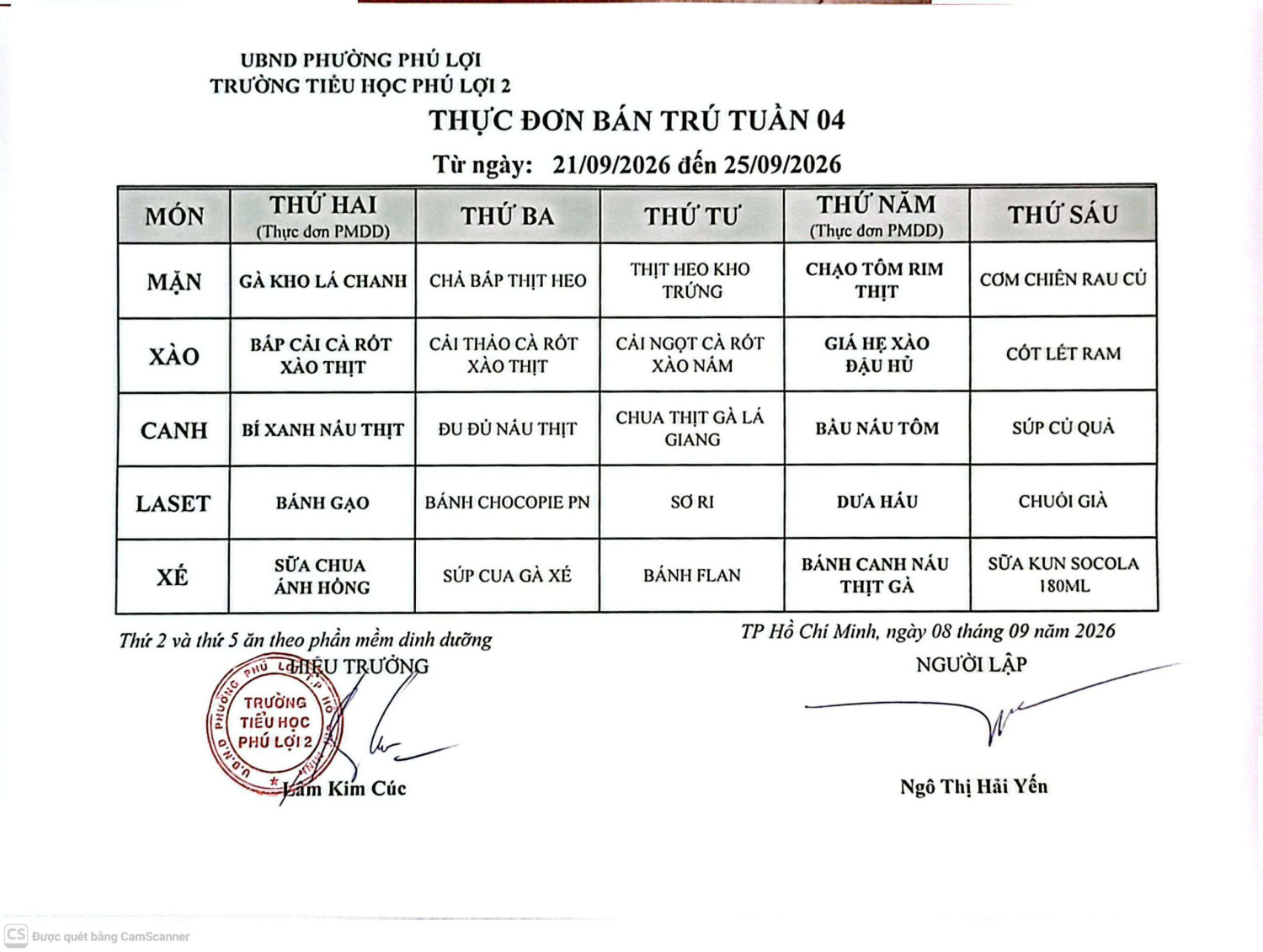 THPL2 - Thực đơn bán trú tuần 4 (từ 21/9/2026 đến 25/9/2026)