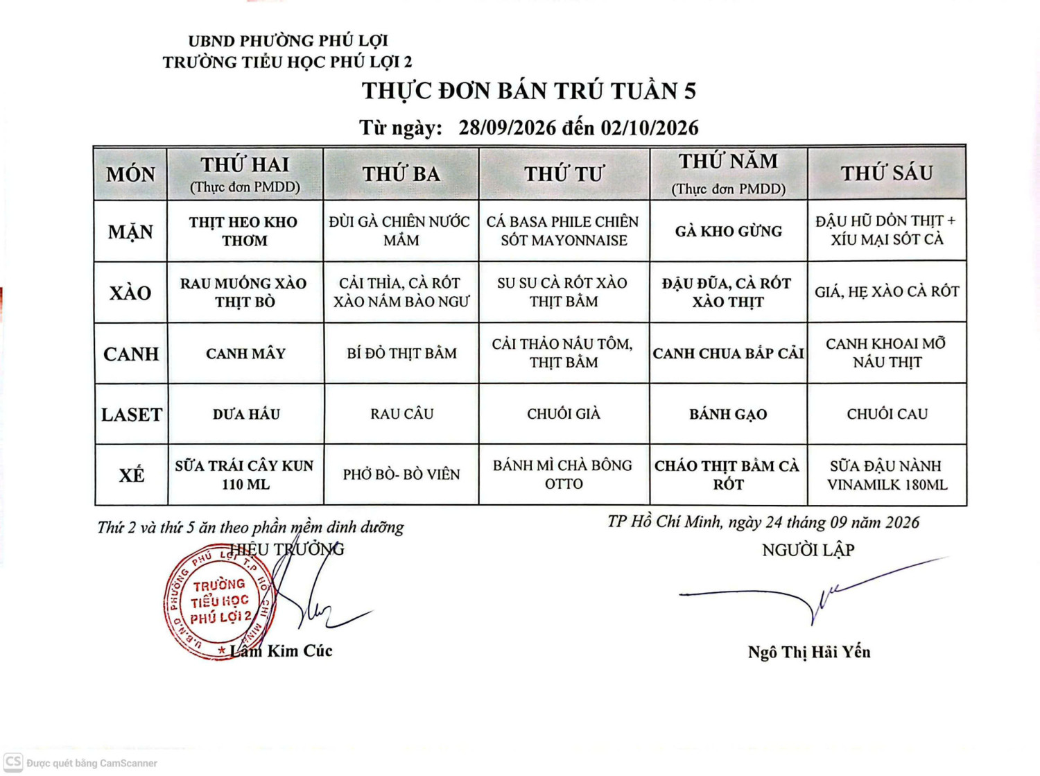 THPL2 - Thực đơn bán trú tuần 5  (từ 28/9/2026 đến 02/10/2026)