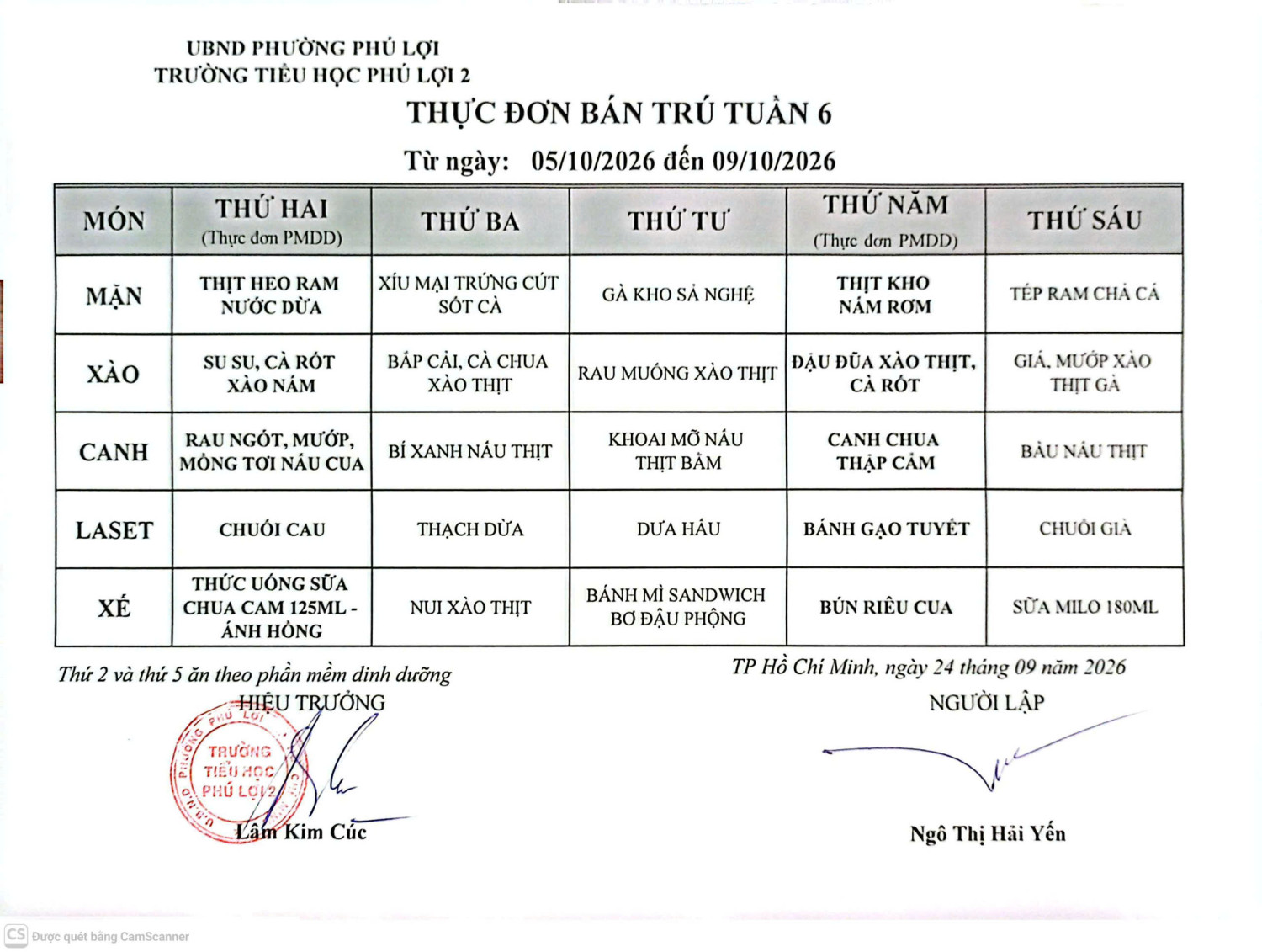 THPL2 - Thực đơn bán trú tuần 6 (từ 05/10/2026 đến 09/10/2026)