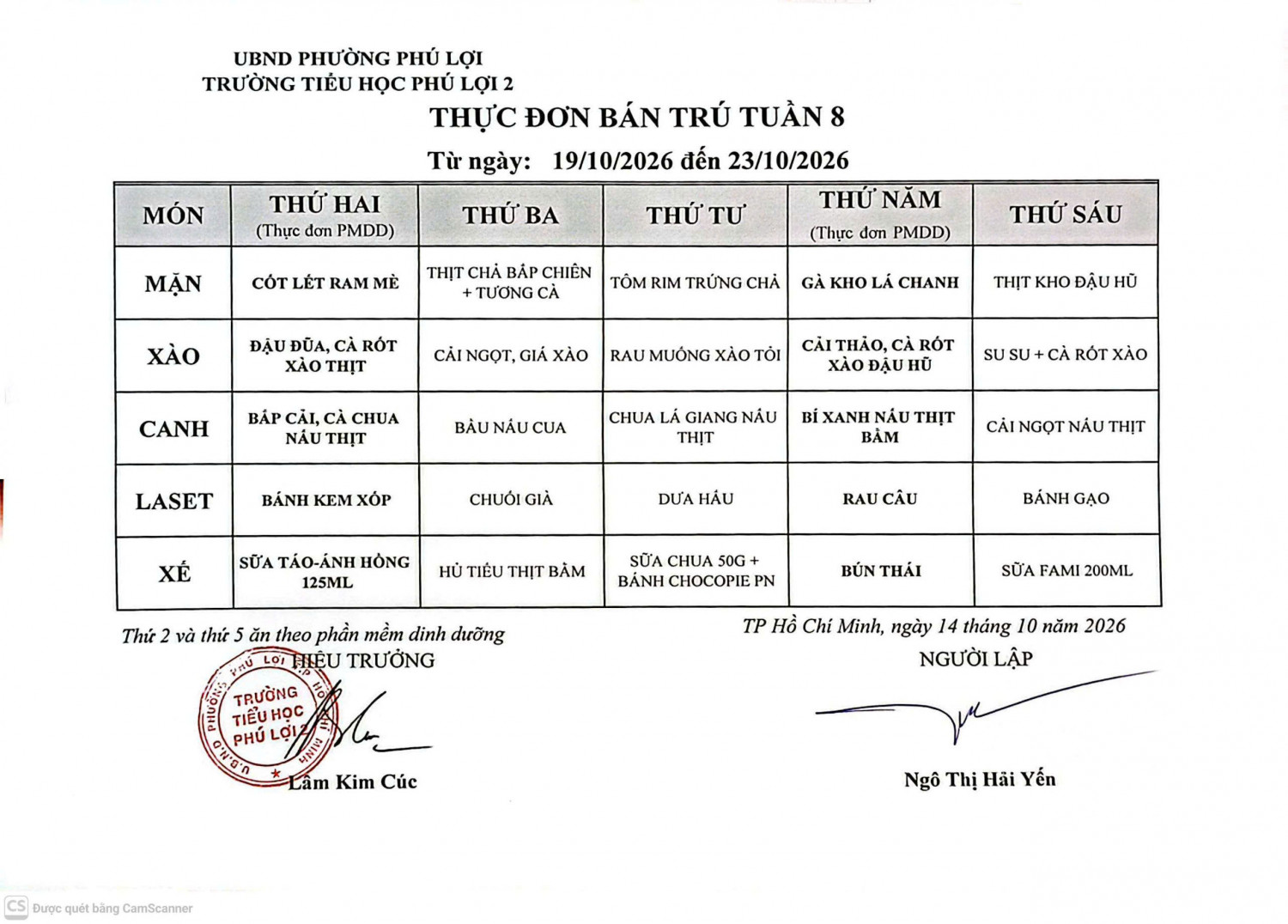 THPL2 - Thực đơn bán trú tuần 8 (từ 19/10/2026 đến 23/10/2026)
