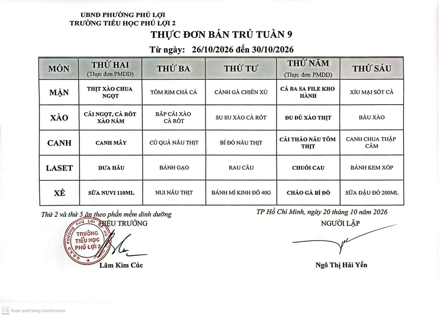 THPL2 - THỰC ĐƠN TUẦN 9 - TỪ 26/10/2026 ĐẾN 30/10/2026
