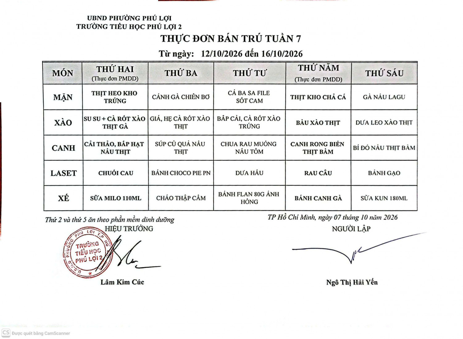 THPL2 - Thực đơn bán trú tuần 7 (từ 12/10/2026 đến 16/10/2026)